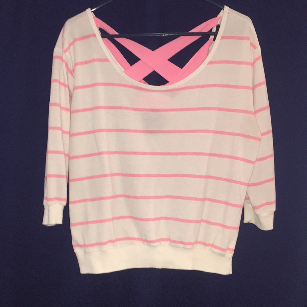 Rue 21 Pink & White Sweater w/ Criss Cross Back L
